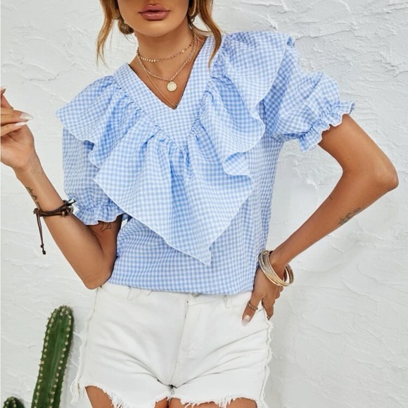 Boho blue white gingham print puff sleeve blouse - Picture 4 of 6